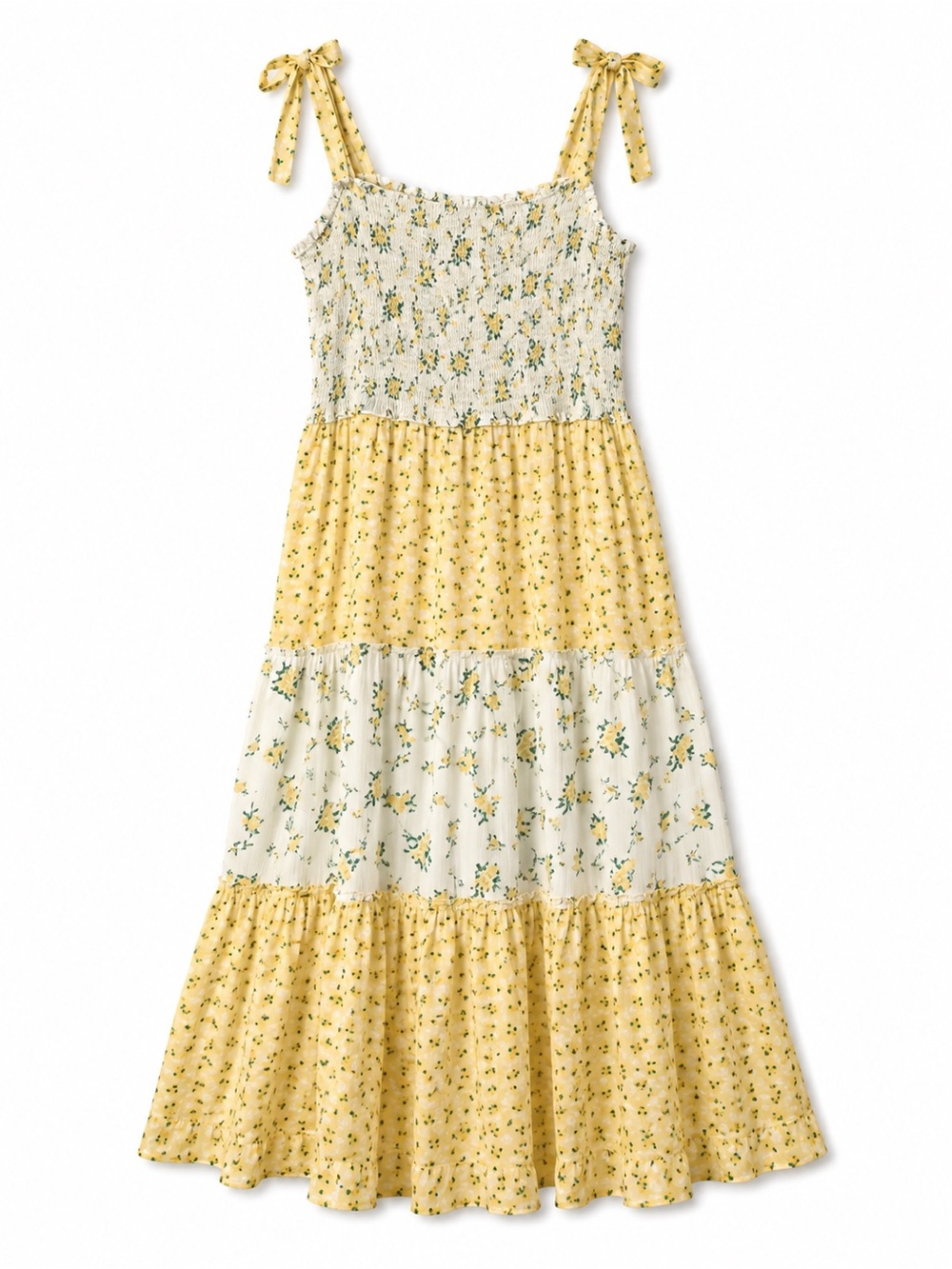 BeBop Yellow Floral Tie-Shoulder Tiered Dress